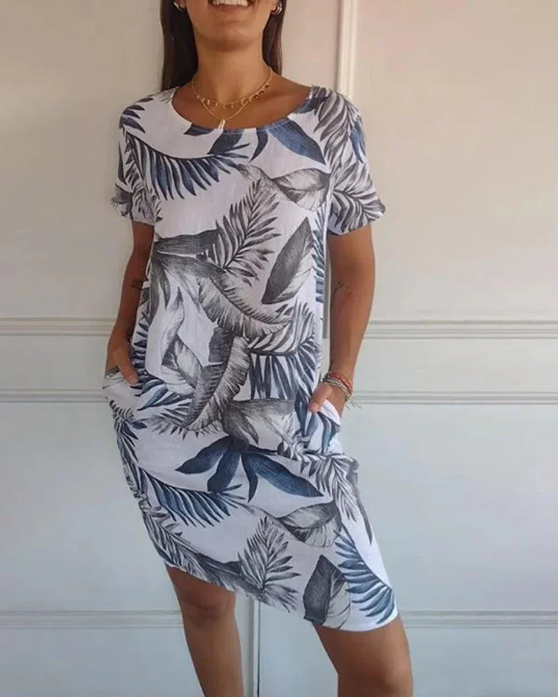 Joanna | Printed Cotton-Linen Dress with Round Neck