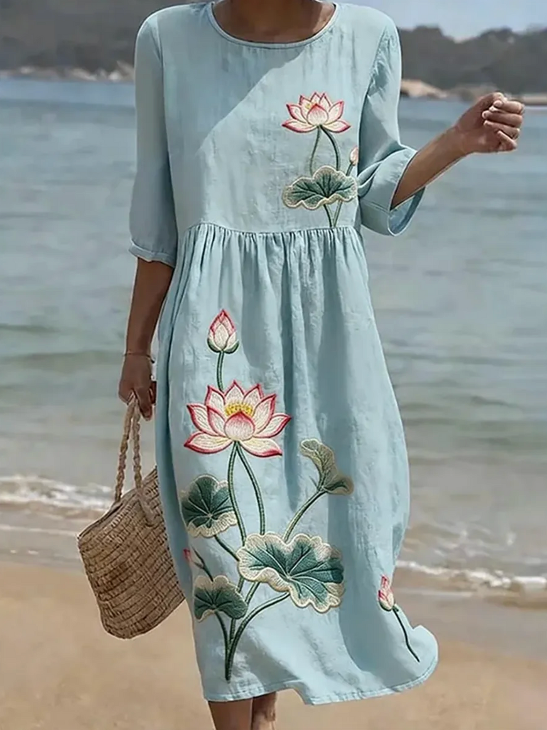 Natalie | Plant & Flower Print Round Neck Midi Dress