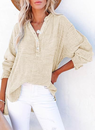 Casual Button-Down Textured Long-Sleeve Blouse