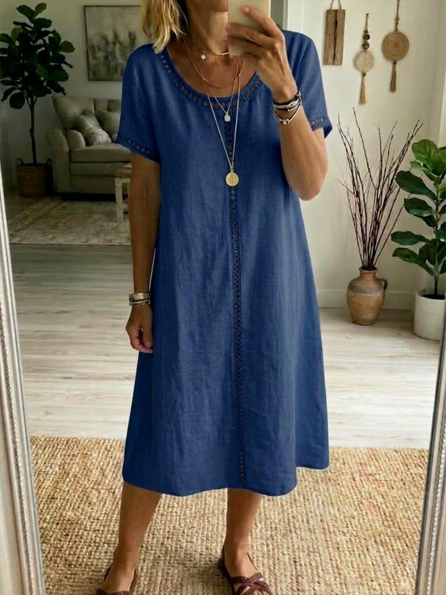 Eyelet-Trim Casual Linen Midi Dress